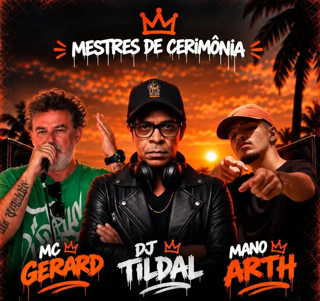 Cartaz da abertura da sede: mestres de cerimônia MC Gerard, DJ Tildal e Mano Arth